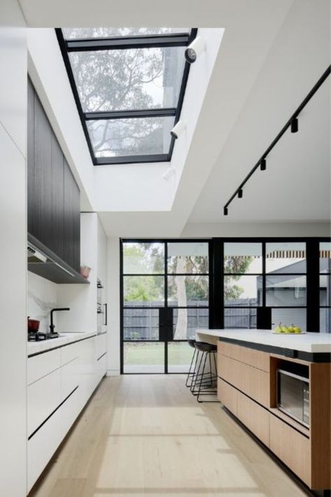 Skylight In Kitchen, Dining Area In Kitchen, Modern Kitchen 2020, Kitchen Skylight, Modern Skylights, Steel Frame Doors, Light Countertops, Roof Skylight, Skylight Design