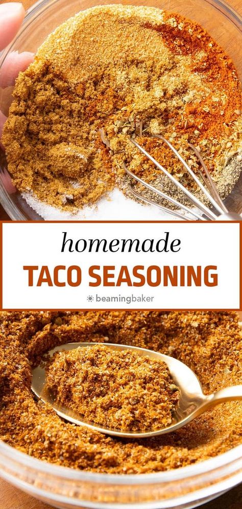 Easy, 2 minute homemade Taco Seasoning! Seasoned with spicy chili powder, warm cumin, and spices like garlic, paprika, salt, and onion—the perfect spice for Mexican dishes like Taco Dip, burritos, and more! | Recipe at BeamingBaker.com Canning Soup Recipes, Taco Spice Blend, Chili Seasoning Recipe, Mild Taco Seasoning, Make Taco Seasoning, Homemade Taco Seasoning Mix, Homemade Taco Seasoning Recipe, Homemade Seasoning, Taco Mix