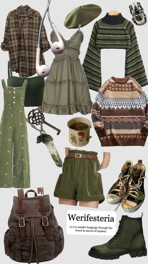 Cottage Core Aesthetic Outfits Casual, Easy Goblincore Outfit, Cottagecore Female Outfit, Cottagegrunge Outfits, Cottagecore Outfits School, Forest Outfits Aesthetic, Fairy Vintage Outfits, Hobo Core Outfits, Vintage Outfits Green