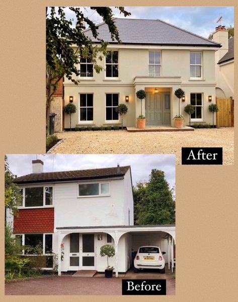 Exterior Transformations, 1950s Semi Detached House Renovation, House Render, Ex Council House Renovation, 1930s House Rendering, 1960s Semi House Renovation Uk, 1960s House Renovation Uk, 60s House Exterior, 1960s House Renovation