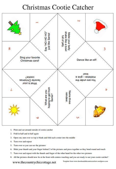 Christmas Cootie Catcher ~ * THE COUNTRY CHIC COTTAGE (DIY, Home Decor, Crafts, Farmhouse) Christmas Cootie Catcher, Christmas Crafts Printables, Cootie Catcher Template, Cootie Catcher, Country Chic Cottage, Christmas School, Country Crafts, Free Christmas Printables, Christmas Templates