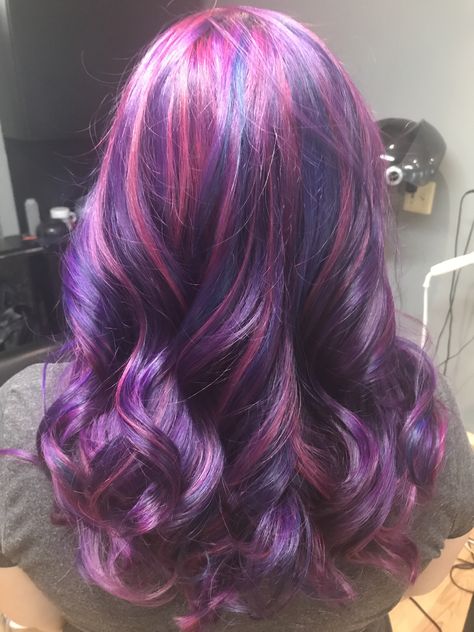 Pink N Purple Hair, Purple With Pink Highlights, Pink Hair With Purple Highlights, Twilight Sparkle Hair Color, Blue And Pink Hair Ideas, Purple Hair With Pink Highlights, Pastel Galaxy Hair, Pink Blue And Purple Hair, Pink Blue Purple Hair