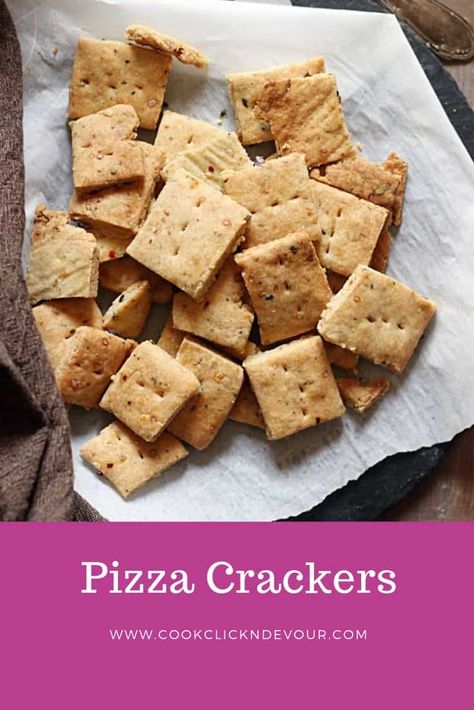 Whole wheat pizza crackers- Looking for perfect holiday snack you can whip up in no time? Give this super crispy, flavorful and addictive crackers with pizza seasoning a try! I am sure you will be coming back for more, that's what we did. I had to bake these crackers three times in row as we could not get enough of it :) Here is how to make addictive pizza crackers at home. Recipe via cookclickndevour.com #pizzacrackers #crackersrecipes #wholewheat #baking #cookclickndevour Flavored Crackers, Pizza Crackers, Cracker Flavors, Pizza Seasoning, Best Vegetable Recipes, Holiday Snack, Wheat Pizza, Tiffin Recipe, Crackers Recipe