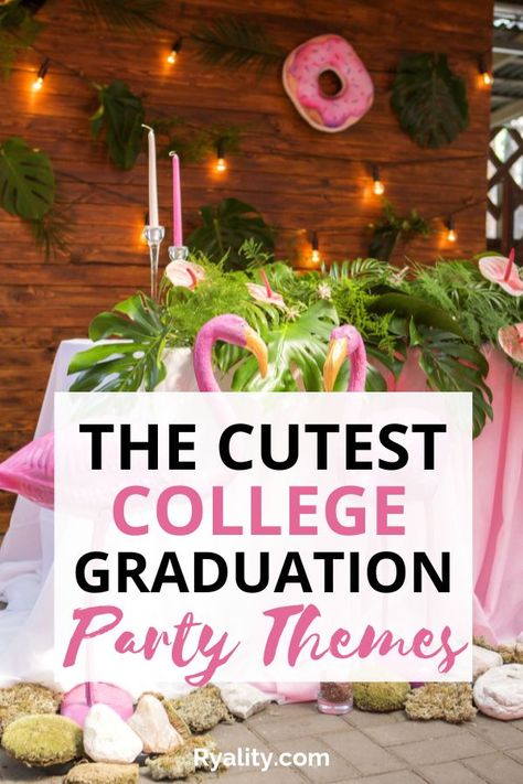 had no idea what my grad party theme was going to be this year but this gave me so many college graduation party themes cute ideas!! Graduation Party Theme Ideas, College Graduation Party Themes, College Grad Party Decor, High School Graduation Party Themes, Grad Party Centerpieces, College Graduation Decorations, College Graduation Party Decorations, Grad Party Theme, Girl Graduation Party