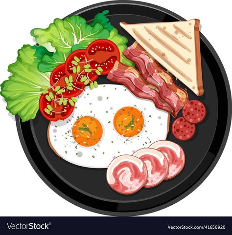 Vector Food, Food Cartoon, Food Clipart, Breakfast Set, Food Illustration Art, Breakfast Plate, Black Plates, Gcse Art, Ads Creative