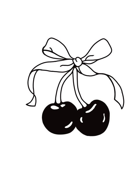 Cherry Drawing Tattoo, Cherry Tattoo Cover Up, Cherries Black And White, Black And White Design Background, Draw On Tshirt Diy Ideas, Cherry With Bow, Cherry Bow Tattoo, Cherry Drawing Aesthetic, Cartoon Cherries