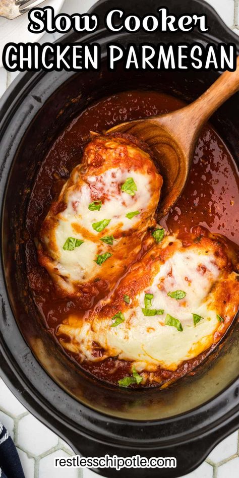 Slow Cooker Chicken Parmesan recipe is a hassle-free, delicious meal. It's easy, cheesy, and perfect for any weeknight dinner. Chicken Parmesan In The Crockpot, Crockpot Chicken Parmesan Recipe, Chicken In Crock Pot Recipes Boneless, Chicken Parmesan Crockpot Recipes, Crockpot Skinless Boneless Chicken Breast Recipes, Chicken Parmesan Recipe Easy Crock Pot, Crock Pot Parmesan Chicken, Chicken Parmesan In Crockpot, Slow Cooker Boneless Chicken Breast