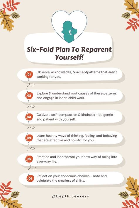 Reparenting is a process of healing and growth in which a person actively works to replace old, negative patterns of thinking, feeling, and behaving with healthier, positive ones. You can think of this process as a Six-Fold Plan, which is more simultaneous than sequential. To learn more, click the link! Reparenting Yourself, Process Of Healing, Spiritual Journals, Baby Facts, Dear Parents, Inner Healing, Self Compassion, Working With Children, Healing Journey