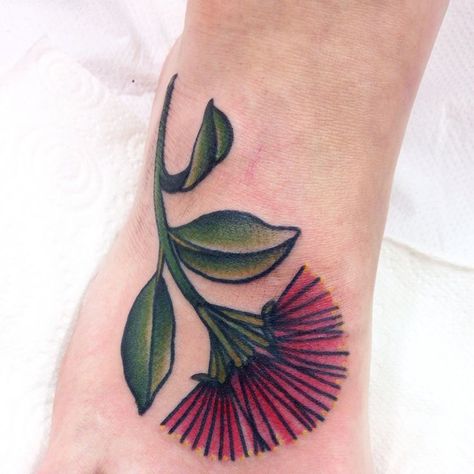 Pohutukawa Tattoo, Pohutukawa Flower, Gap Filler Tattoo, Thistle Tattoo, Tato Tradisional, Ankle Tattoo Designs, Tattoo Filler, Botanical Tattoo, Traditional Tattoos