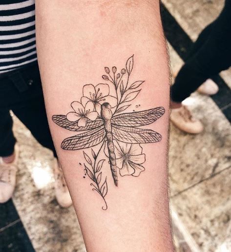 Woman Upper Arm Tattoo Sleeve, Floral Tattoo With Dragonfly, Womens Dragonfly Tattoo, Dragonfly Tattoo Flowers, Dragon Fly On Flower Tattoo, Dragonfly Lily Tattoo, Dragonfly Tattoo Design With Flowers Forearm, Half Dragonfly Half Flower Tattoo, Dragonfly And Flower Tattoo For Women