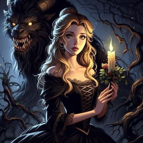 Dark Disney Beauty And The Beast, Dark Beauty And The Beast Aesthetic, Dark Disney Princess Art, Beauty And The Beast Artwork, Gothic Disney Princesses, Gothic Disney, Emo Disney, Dark Disney Princess, Dark Disney Art