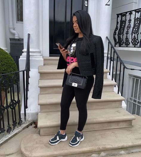 Chanel Sneakers Outfit Street Styles, Chanel Outfits Black Women, Chanel Runners Outfit, Chanel Trainers Outfit, Chanel Runners, Chanel Sneakers Outfit, Chanel Shoes Outfit, Chanel Trainers, Runners Outfit