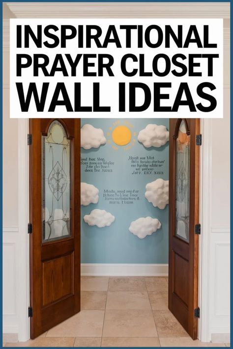 Open wooden doors reveal a prayer closet with blue walls, decorated with clouds and inspirational text. Closet Wall Ideas, Connection With God, Prayer Room Ideas, Closet Wall, Prayer Closet, Prayer Corner, Personal Prayer, Prayer Wall, Wall Closet