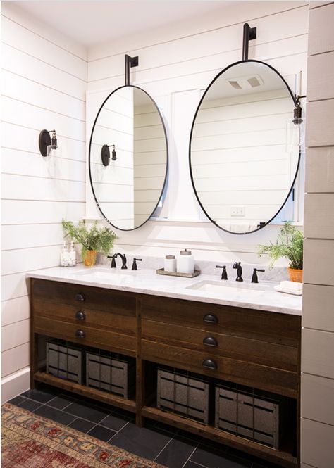 Double Vanity Bathroom Mirrors: Ideas and Inspiration | Hunker Farmhouse Vanity Mirror Round, Bathroom Ideas With Round Mirrors, Two Round Mirrors In Bathroom, Two Sinks One Mirror, How To Decorate Double Sink Vanity, Oval Bathroom Mirrors Double Vanity, Double Vanity With Round Mirrors, Oval Mirrors Over Double Vanity, Bathroom Mirrors For Double Vanity