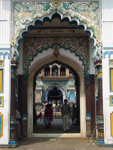 Entrance of the Janaki Temple in Janakpur, Nepal Janaki Temple, Rock Climbing Gear, Adventure Tourism, Landlocked Country, Nepal Travel, Temple Architecture, Local Travel, Main Entrance, Beautiful Doors