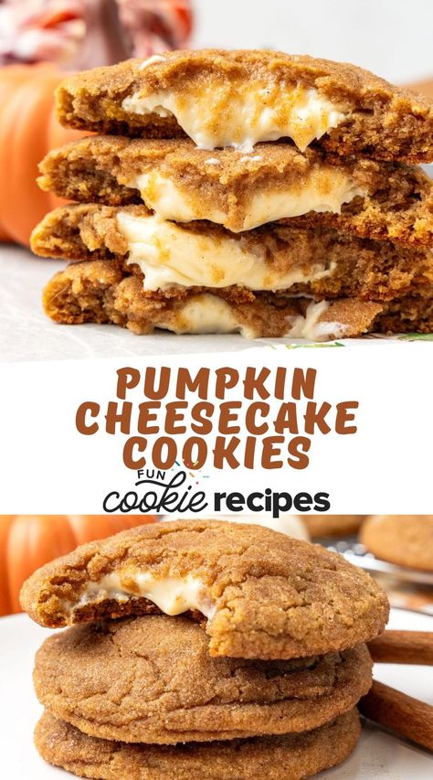 Pumpkin Cheesecake Cookies Fall Baking Recipes Desserts, Recipe For Pumpkin Cheesecake, Pumpkin Cream Cheese Cookies, Pumpkin Cheesecake Cookies Recipe, Pumpkin Cheesecake Snickerdoodles, Minty Desserts, Pumpkin Cheesecake Cookies, Autumn Favorites, Pumpkin Cheesecake Recipes