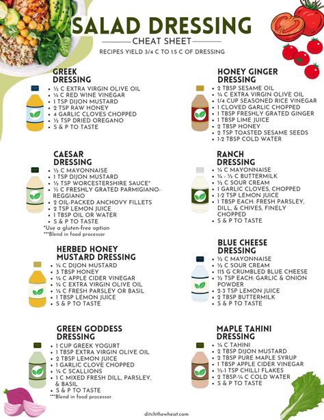 Free Salad Dressing Cheat Sheet with 8 Must-Have Recipes Sugar Free Salad Dressing Recipes, Healthy Homemade Salad Dressing Recipes, Healthy Homemade Salad Dressing, Salad Dressing Healthy, Healthy Dressing Recipes, Homemade Salad Dressing Recipes, Homemade Salad Dressing Healthy, Easy Salad Dressing Recipes, Dressing Healthy