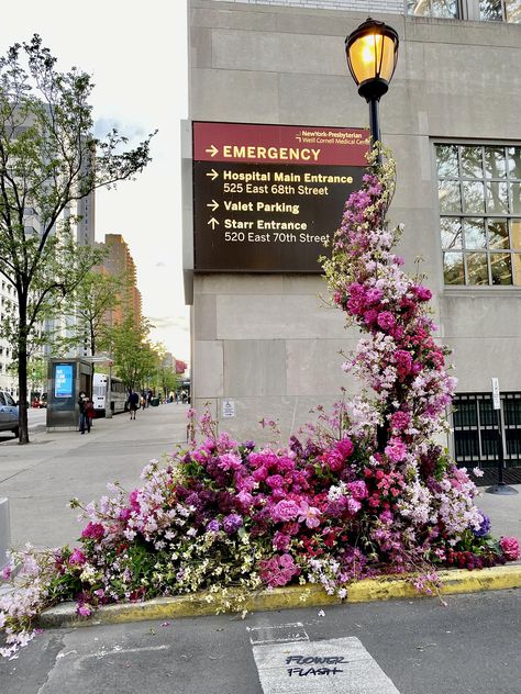 A Flower Guerilla in New York City – Fubiz Media Forest Chandelier, Nyc Hospital, Flower Flash, Ian Berry, Nyc Streets, Rainwater Collection, Ephemeral Art, City Flowers, Unique Flower Arrangements