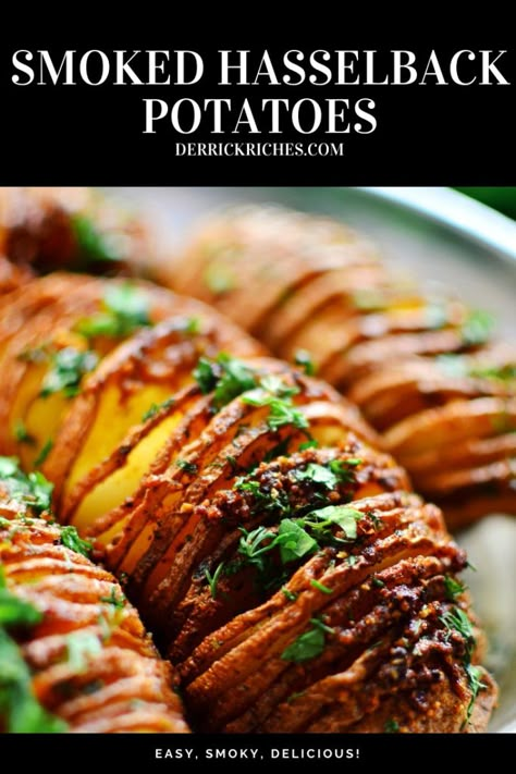 Smoked Hasselback Potatoes - These perfectly smoked hasselback potatoes are great for any occasion. Easy to make, and so versatile too! #hasselbackpotatoes #sidedish #bbqpotatoes #potatoes #pelletgrill via @derrickriches Wood Pellet Grill Recipes, Pellet Smoker Recipes, Smoked Potatoes, Smoked Vegetables, Hasselback Potatoes, Traeger Recipes, Pellet Grill Recipes, Grilled Potatoes, Smoked Cooking