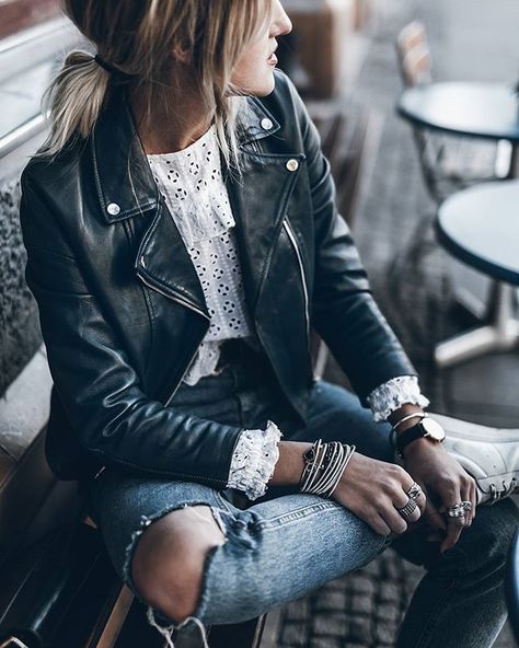 Blue  Blue leather jacket and cute blouse!  #ootd #denim #blue Biker Jacket Outfit, Womens Leather Biker Jacket, Blue Leather Jacket, Rock N Roll Style, Spring Outfits Men, Faux Leather Biker Jacket, Leather Jacket Outfits, Cute Blouses, Leather Jacket Men