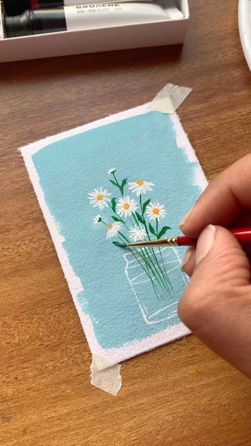 Easy Painting Gift Ideas, Gouache Card Ideas, Gouache Greeting Cards, Gouche Painting Easy For Beginners, Gouche Paintings Easy, Easy Guache, Spring Canvas Painting Ideas, Aesthetic Watercolor Art Easy, Simple Watercolor Painting Ideas