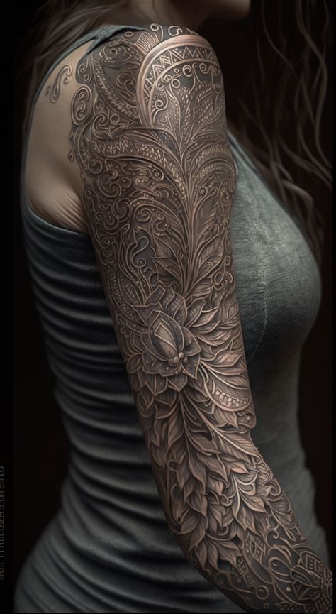 Boho Metallic Embossed Tattoo Embossed Tattoo, Amazing 3d Tattoos, Tattoo 3d, Stone Tattoo, Filigree Tattoo, Full Sleeve Tattoo Design, Water Tattoo, Blackout Tattoo, Men Tattoos Arm Sleeve