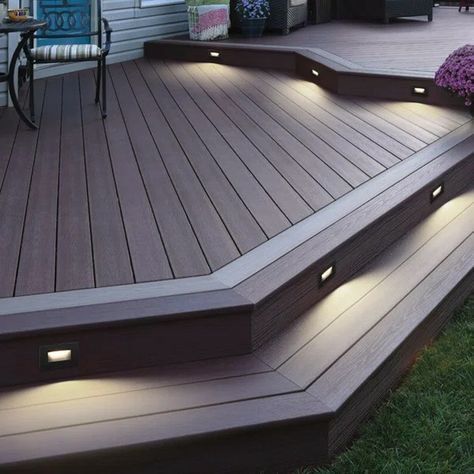 Step Down Deck, Deck With Lights, Wrap Around Stairs, Grey Decking, Humble House, Platform Deck, Step Lights, Decking Area, Step Lighting