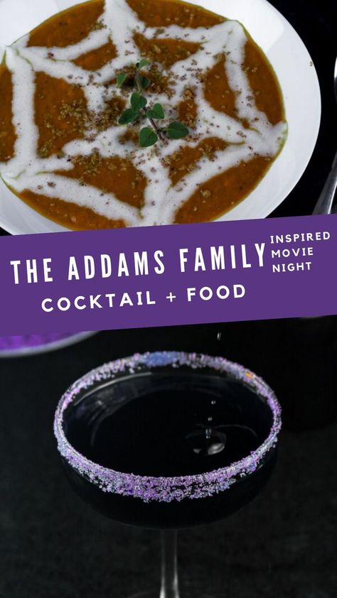 the addams family movie night | the addams family recipes | purple cocktail and cheese pumpkin soup Addams Family Alcoholic Drinks, Halloween Movie Themed Cocktails, Addams Family Drinks, Adams Family Cocktails, Adams Family Party Ideas Food, Addams Family Dinner Party, Addams Family Cocktail, Halloween Town Dinner And Movie, Addams Family Dinner And A Movie