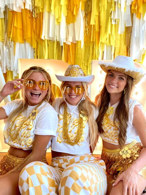 Bee Sorority Theme, Gold Sorority Theme, Honey I’m Home Bid Day Theme, Honey Im Home Sorority Theme, We Struck Gold Bid Day, Honey I’m Home Bid Day, Gold Spirit Day, Sorority Work Week, Sorority Recruitment Themes