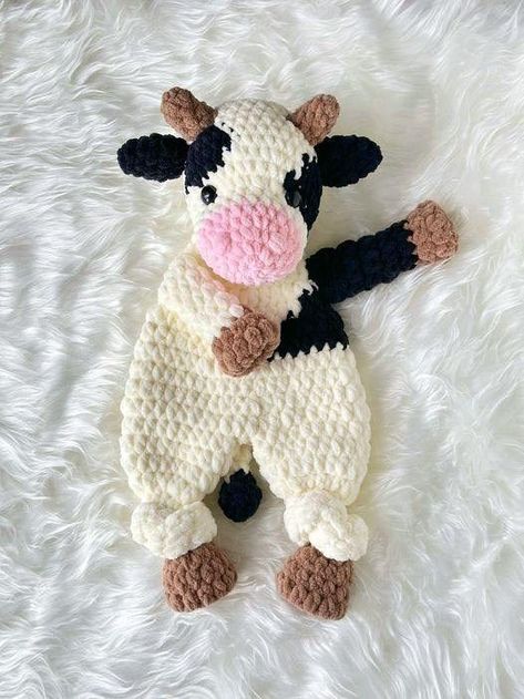 Free Crochet Patterns | My new cow lovey | Facebook Cow Lovey Crochet Pattern, Lovies Crochet Free Pattern, Cow Lovey Crochet Pattern Free, Chunky Animals, Cow Patterns, Cow Lovey, Chiweenie Puppies, Sock Creatures, Crocheted Cow Pattern