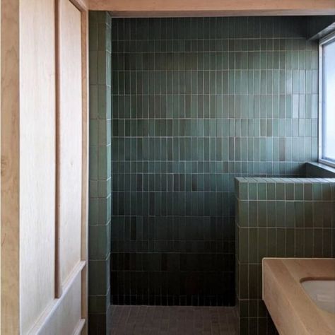 Objects for Living – Heath Ceramics Forest Green Bathroom, Heath Ceramics Tile, Matte Tiles, Forest Inspiration, Heath Tile, Green Tile Bathroom, Ceramic Tile Bathrooms, Heath Ceramics, Brick Flooring