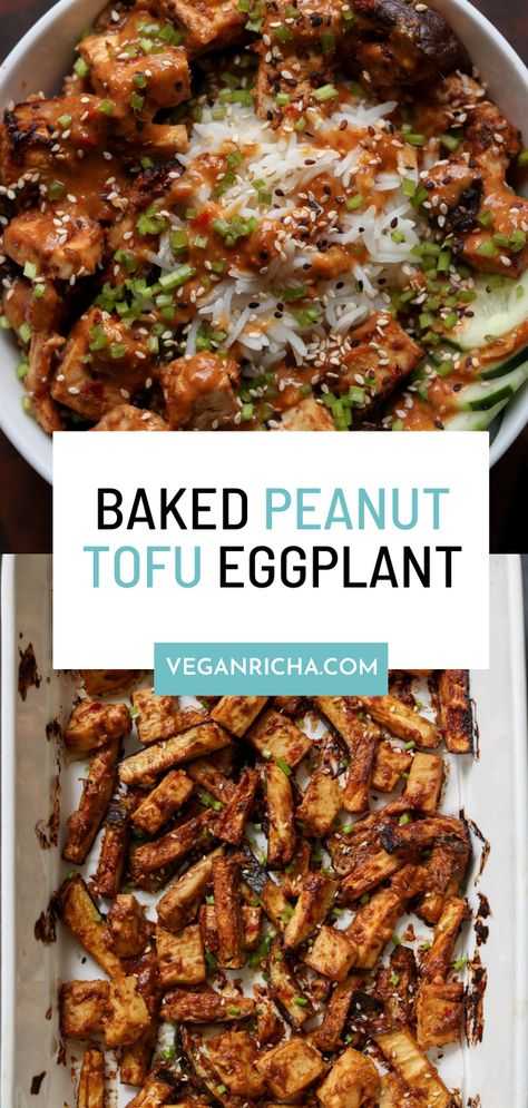 Baked eggplant and tofu in a super quick and flavorful peanut sauce is a one-pan meal that is super versatile! You can easily make this recipe gluten-free, soy-free, and even nut-free! Serve with rice, quinoa, or as lettuce wraps.