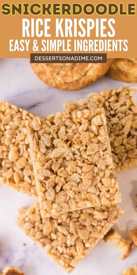 Homemade Snickerdoodle Rice Krispie Treats have extra marshmallows and cinnamon for the best recipe. With just 5 ingredients, it is so easy to make. The warmth of the cinnamon pairs wonderfully with the sweetness of the marshmallows. Everyone will love this new recipe. It is the perfect school snack or afternoon dessert. #dessertsonadime #snickerdoodlericekrispietreats #ricekrispietreats Snickerdoodle Rice Krispie Treats, Cinnamon Rice Krispie Treats, Flavored Rice Krispie Treats, Fun Rice Krispie Treats, Rice Crispies Recipe, Rice Crispy Treats Recipe, Marshmallow Desserts, Crispy Recipes, Spiced Rice