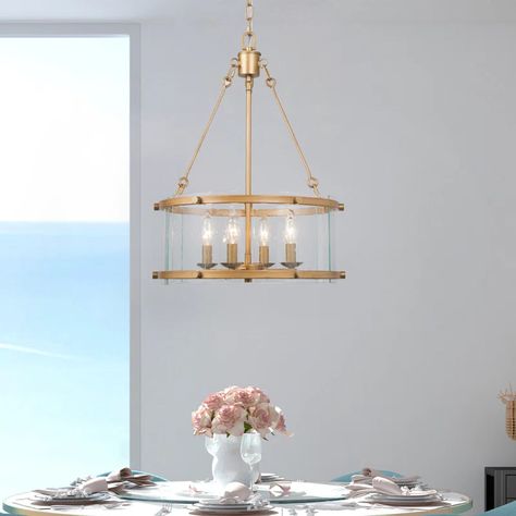 Everly Quinn Demien 4-Light Modern Gold Unique/Statement Drum Chandelier With Glass Shade | Wayfair Kitchen Table Light Fixtures, Dining Room Lighting Over Table, Chandelier Pink, Glam Chandelier, Bathroom Chandelier, Rope Chandelier, Kitchen Island Dining Room, Island Dining Room, Beach Kitchen