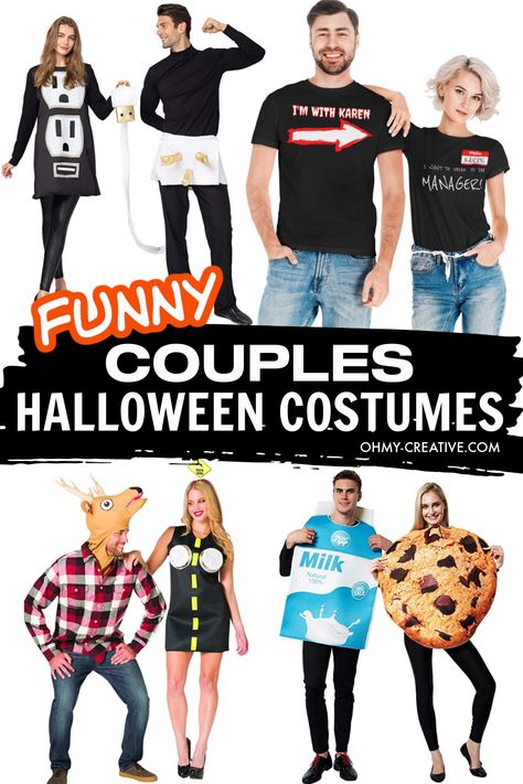 Funny Halloween Costumes For Couples, Clever Couple Costumes, Couples Halloween Costumes Creative, Clever Couples Halloween Costumes, Diy Halloween Couples, Punny Costumes, Easy Couple Halloween Costumes, Punny Halloween Costumes, Couples Costumes Creative