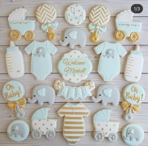 Neutral Baby Shower Cookies, Elephant Baby Shower Cookies, Baby Shower Reveal Ideas, Baby Shower Cakes Neutral, Baby Boy Cookies, Baby First Birthday Themes, Baby Shower Sweets, Baby Shower Safari Theme, Baby Shower Vintage