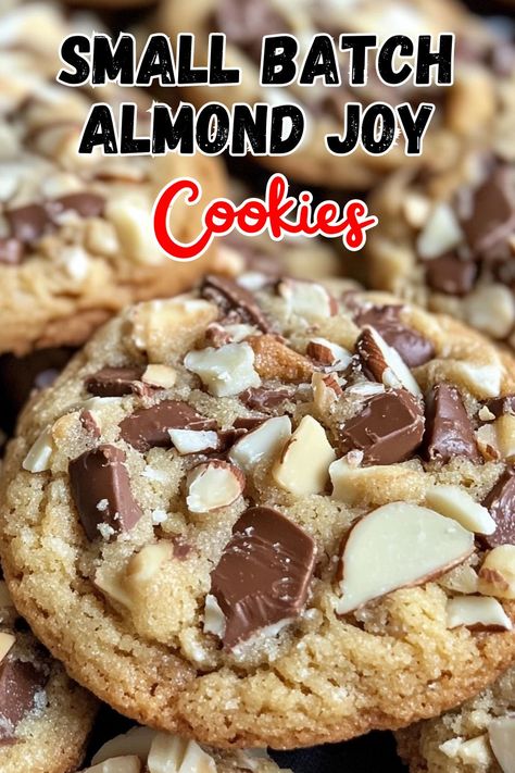 Delicious Small Batch Almond Joy Cookies Recipe! Mandolin Cookie Recipes, Easy Almond Joy Cookies, Small Batches Of Cookies, Small Batch Almond Joy Cookies, Almond Joy Cookie Bars, Almond Joy Cookies Recipe, Almond Candy Recipes, Almond Joy Cookies 4 Ingredients, Almond Joy Bars Recipe