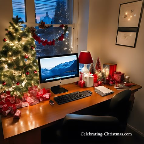 Decorate Your Work Desk for Christmas – Christmas Decorating Ideas – Celebrating Christmas Christmas Office Table Decorations, Workstation Christmas Decorations, Office Christmas Decorations Desk, Desk Decor For Christmas, Christmas Decor Home Office, Seasonal Office Decorating Ideas, Home Office Christmas Decorations, Christmas Decor Office At Work, Christmas Desk Decorations Cubicles Work