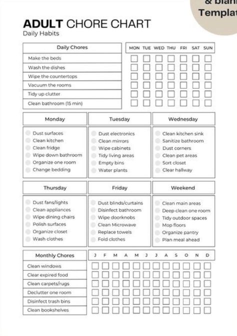 Chore Management, Chore Chart For Adults, Homemaker Tips, Adult Chore Chart, Work Planner Printable, Cleaning Chart, Cleaning Planner, To Do Planner, Organized Lifestyle