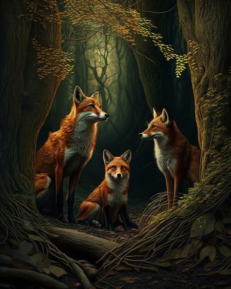 A Tale of Foxes and Mysteries. Amidst the lush forest's green and brown, Three sly foxes, with wit renowned, Their cunning paws and keen eyes seek, The secrets hidden in every creek. AI art created with Midjourney See more on IG @imaginai.art #aiart #midjourney #aidesign #aidigitalart #aiprints Animal Illustration Kids, Drawing Scenery, Fox Drawing, Cartoon Character Pictures, Fox Art, Magical Forest, Diamond Art, Children Illustration, Animal Illustration