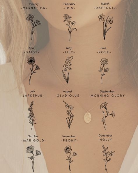 Every flower holds its own inspired meaning. Pick your favorite month whether it's your birthday month, the warmest month, or your anniversary month. Up to you! Details: -Gold Filled, Sterling Silver -Waterproof, Tarnish Free, Hypoallergenic -16" + 2" extender Coastal Tattoos, Anniversary Month, Birthday Month Flowers, Your Birthday Month, Birthday Tattoo, Birth Flower Necklace, Perfect Tattoo, Petite Tattoos, Birth Flower Tattoos