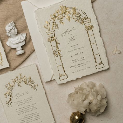 *MINIMUM ORDER - 55 INVITATIONS*Our Athens Wedding Invitation is inspired by Greek Architecture, featuring a hand drawn rustic arch with trailing grape vines. These luxurious wedding invitations are printed in gold foil emboss with digitally printed text onto handmade cotton paper, for an organic yet luxurious feel. Invitation size - 5x7"Photographed with our Handmade Natural & Handmade Ivory envelopes. HOW TO ORDER - DAY INVITES Simply add the amount of invitations you need to your cart and include the following information - - Names- Wedding Date & Year- Ceremony Time- Ceremony Venue Address- Your email address so we can send a digital mock up for your approval (your order will not be processed without your approval!) If you only require day invitations then please ignore the last 3 pers Wedding Card Inspiration, Baroque Wedding Invitations, Greek Wedding Invitations, Wedding Rsvp Ideas, Old Money Wedding Invitations, Wedding Invites Ideas, Wedding Card Luxury, Cute Wedding Invitations, Unique Wedding Invitation Cards