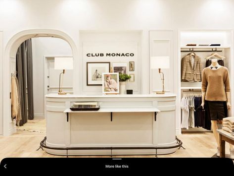 Club Monaco Store Interiors, French Boutique Interior, Club Monaco Store, Cash Wrap, Dog Hook, Clothing Store Design, Store Design Boutique, Boutique Display, Boutique Decor