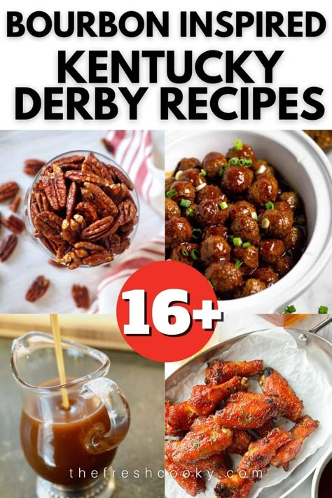 More than 16 delicious Kentucky Derby Bourbon Inspired recipes; from delicious appetizers, delectable drinks to sweet desserts all perfect for your Kentucky Derby party planning. Recipes via @thefreshcooky Bourbon Dinner Recipes, Kentucky Derby Menu Ideas, Derby Appetizers, Kentucky Derby Appetizers, Kentucky Derby Desserts, Kentucky Derby Drinks, Derby Dinner, Derby Food, Kentucky Derby Party Ideas