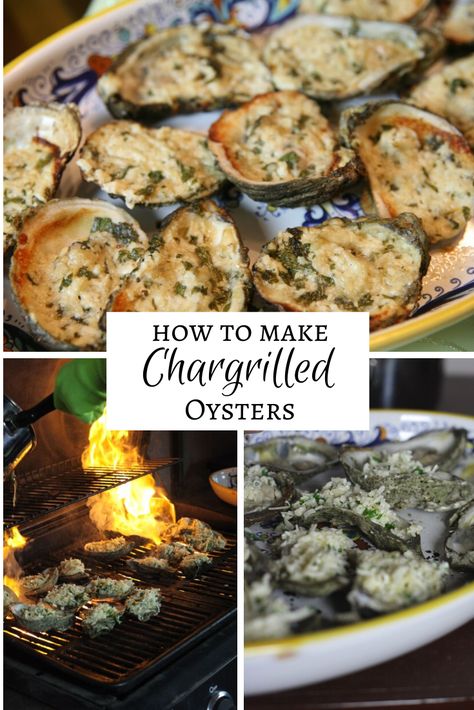 Delicious, cheesy grilled oysters with a decadent garlic butter sauce. Charbroiled Oysters Recipe, Chargrilled Oysters Recipe, Broiled Oysters, Bbq Oysters, Cooked Oysters, Smoked Oysters, Grilled Seafood Recipes, Oyster Roast, Grilled Oysters