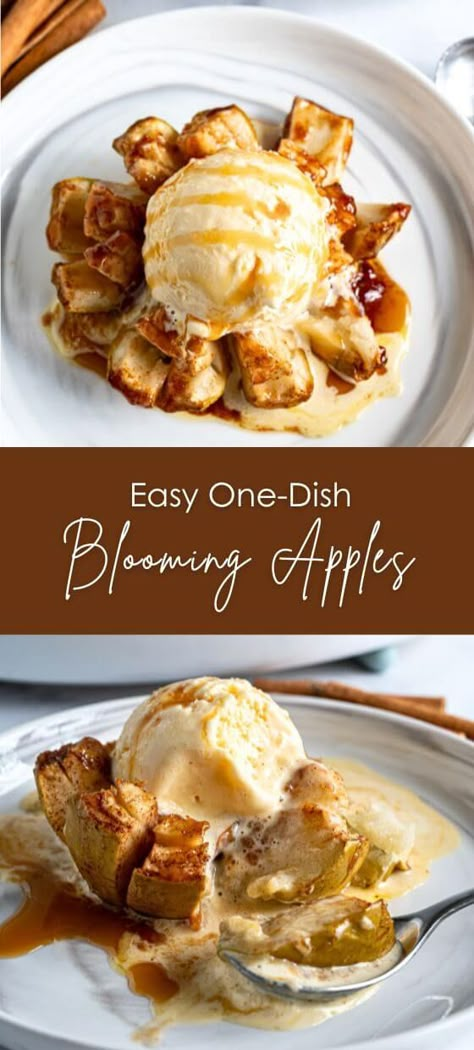 Easy One-Dish Blooming Apples Baked Blooming Apples, Blooming Baked Apples, Baked Blooming Apple Recipe, Oven Baked Blooming Apple Recipe, Oven Baked Blooming Apple, Blooming Apples Recipe, Apple Flower Dessert, Bloomin Apple Recipe, Amish Apple Dumplings