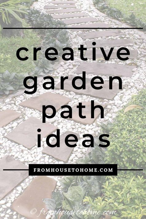 These garden path ideas are awesome! I found some great inspiration for the new gravel walkway with stepping stones I want to install in my front yard. But there's also great ideas for brick, wooden, mulch, grass, stone and flagstone paths and walkways that will fit in any garden design. | Garden Paths Brick And Pebble Walkway, Stepping Stone Design Ideas, Walkway With Stepping Stones, Pathways Ideas Walkways, Garden Path Ideas, Pebble Landscaping, Mosaic Walkway, Flagstone Pathway, Gravel Walkway