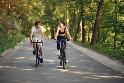 Sports couple riding bikes in summer for... | Free Photo #Freepik #freephoto #woman #man #sport #fitness Forest Summer, Riding Bikes, Summer Forest, Sports Couples, Pro Bike, Riding Bike, Road Bike Cycling, Gravel Bike, Bike Shop