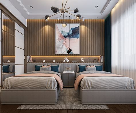 Modern Luxury Guest Bedroom, Guest Room Hotel Style, Twin Beds Guest Room Modern, Luxury Twin Bedroom, Sleeproom Ideas, Modern Twin Bedroom, Bedroom Design Cozy, Twin Bedroom Decor, Twin Beds Guest Room