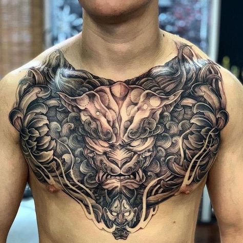 Japanese Chest Tattoo, Chest Tattoo Japanese, Tn Tattoo, Celtic Tattoos For Men, Full Chest Tattoos, Tiger Tattoo Sleeve, Foo Dog Tattoo, Tattoo Japanese Style